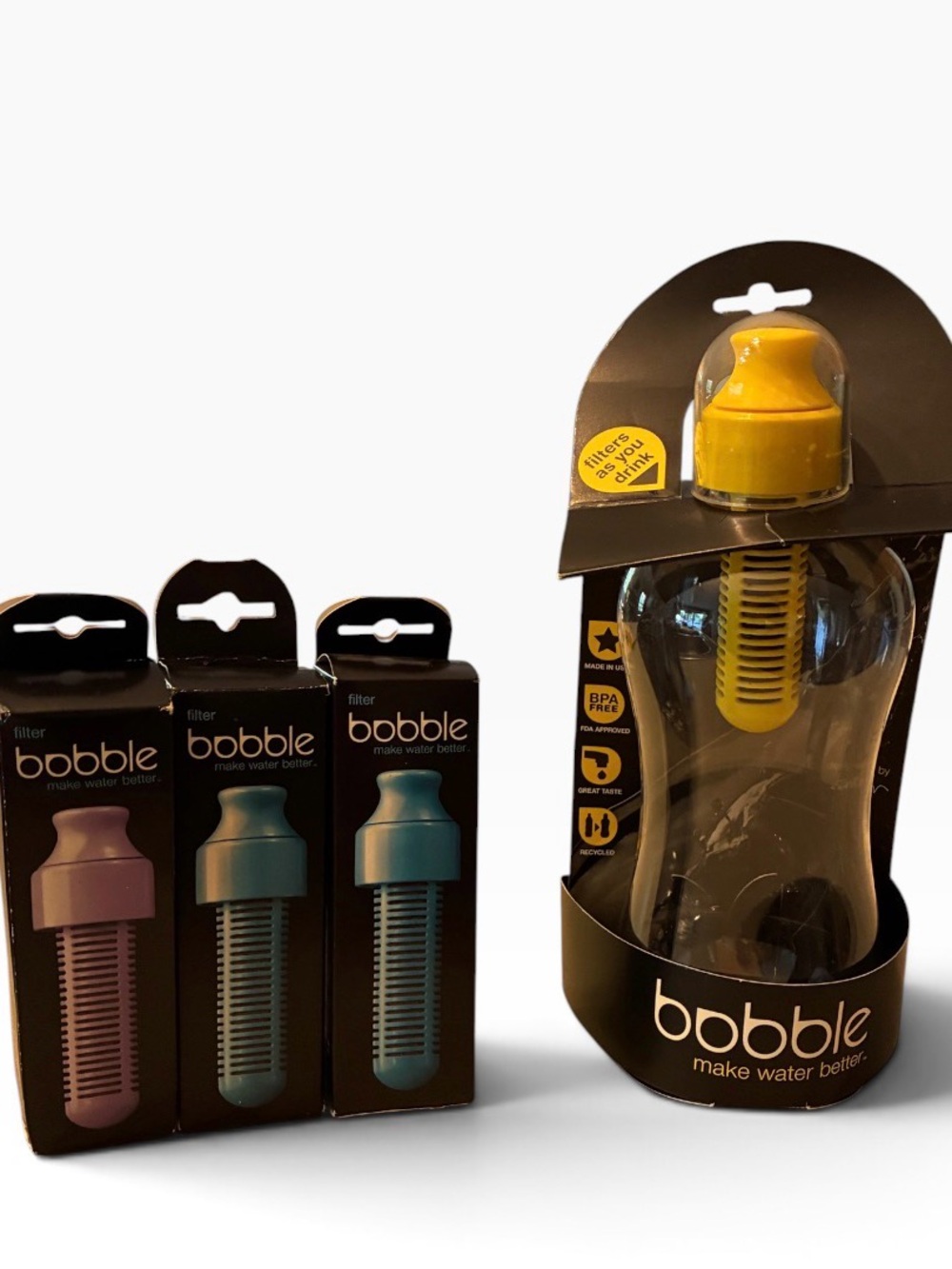 New Bobble Classic Water Bottle Built In Filter 18.5 oz. with 3 New Filters
